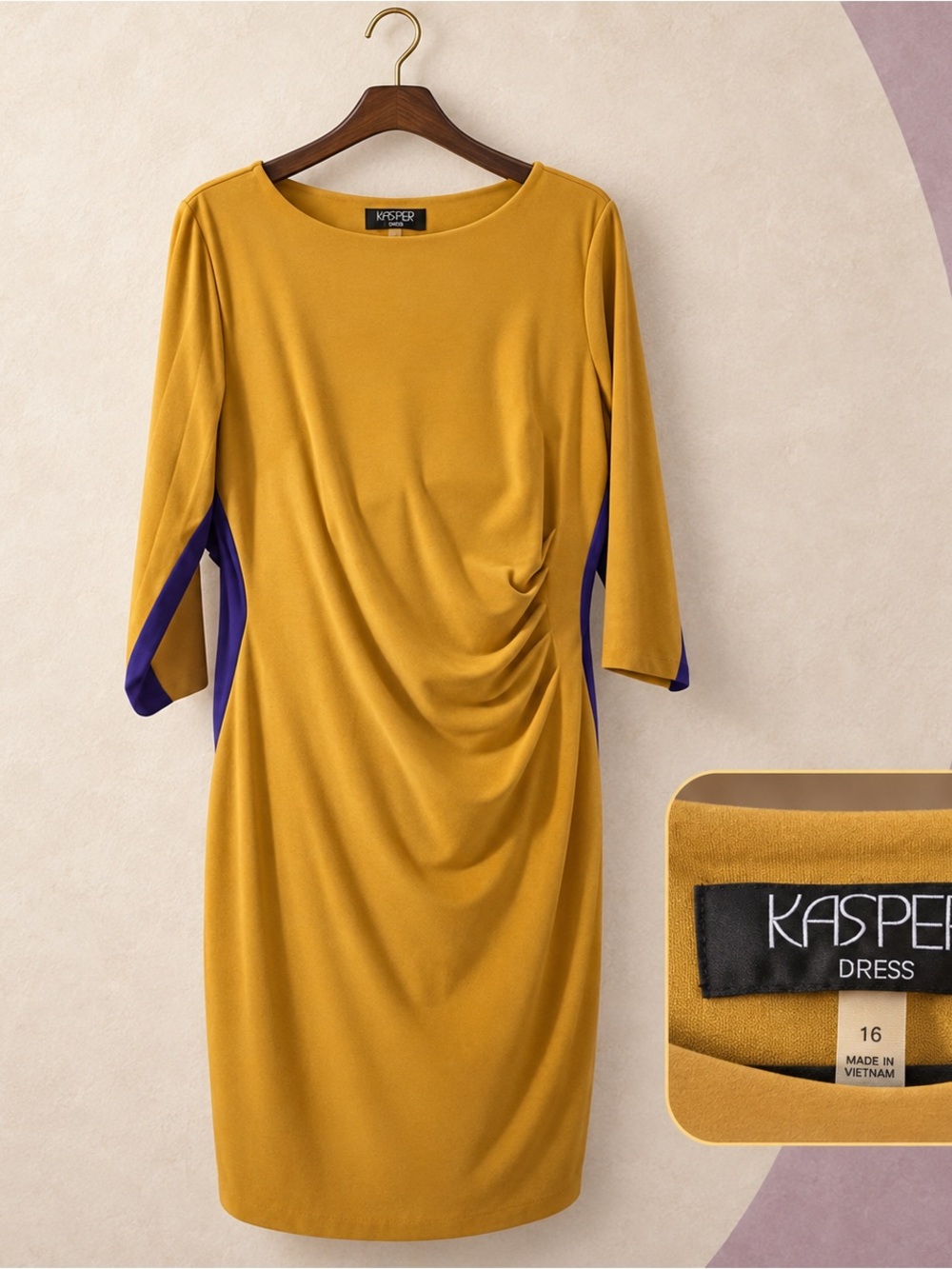 Kasper Mustard Yellow Midi Dress with Purple Side Insets